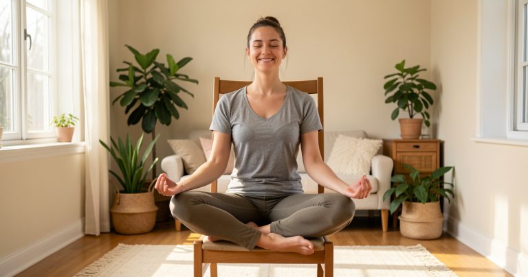 Personne pratiquant le yoga sur chaise en séance de mobilité douce