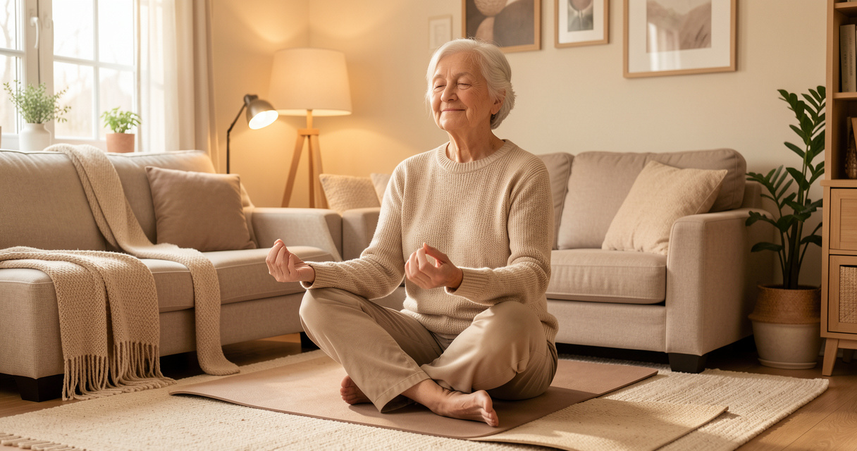 Une personne senior pratiquant le yoga sur chaise en toute sécurité dans son logement