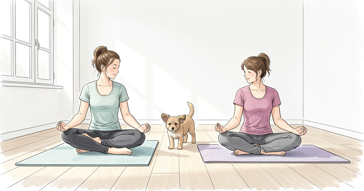 Cours de yoga avec chiots : une femme en tailleur sourit près d'un chiot