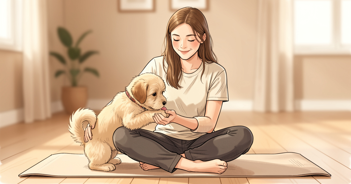 Yoga et chiots : un groupe rit pendant les câlins avec un chiot en fin de séance