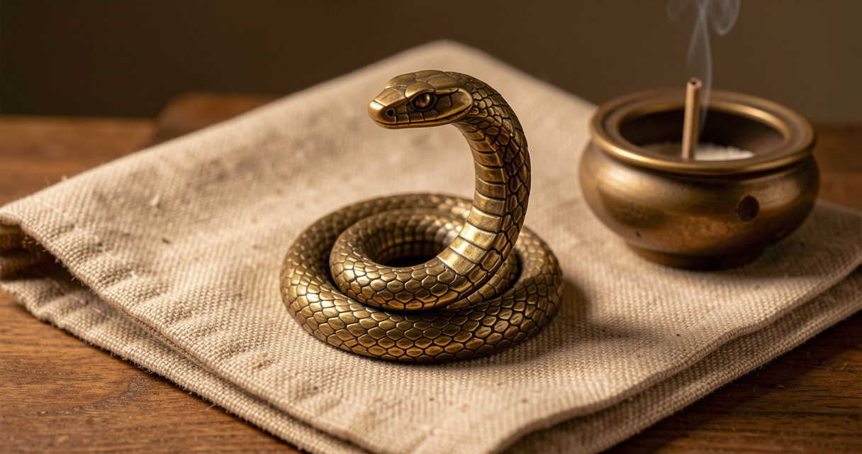 Serpent en laiton et tapis de yoga symbolisant la kundalini