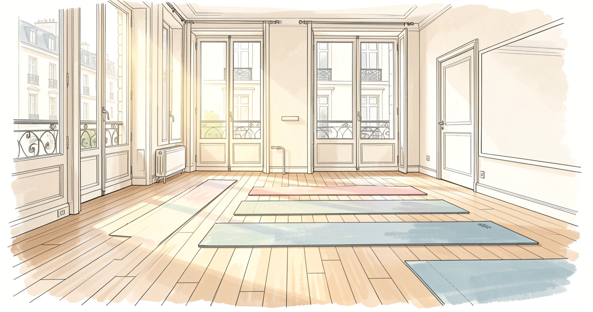 Studio d'Ashtanga Yoga Paris lumineux avec tapis alignés au sol