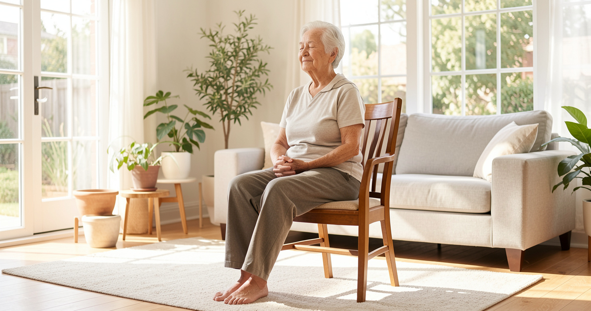 Senior pratiquant le yoga sur chaise dans un salon lumineux pour entretenir sa mobilite douce