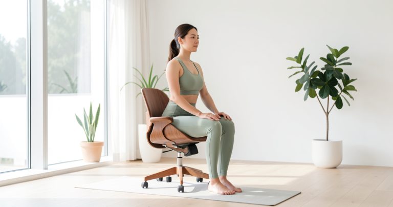 Personne pratiquant une posture de yoga sur chaise pour le dos dans un espace lumineux et serein