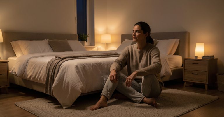 Personne pratiquant une respiration calme dans une chambre à la lumière tamisée.