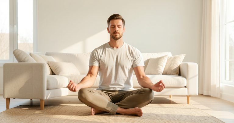 Sportif pratiquant un exercice de méditation de pleine conscience au sol dans un espace lumineux
