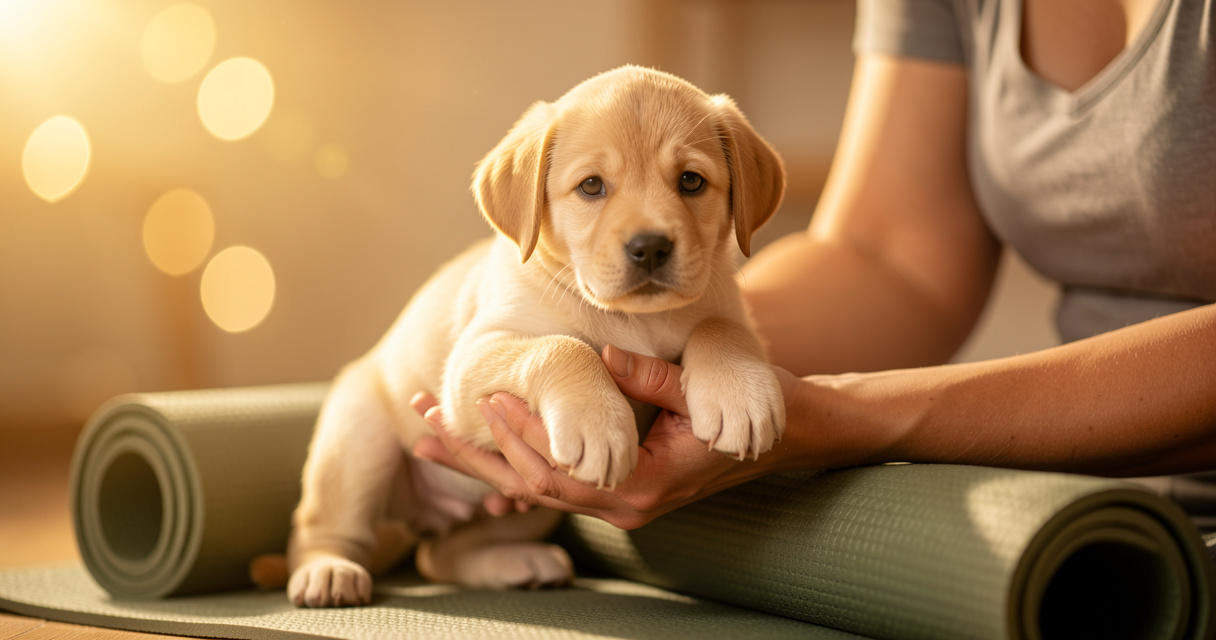 Bienfaits du puppy yoga : participation câlinant un chiot après une posture